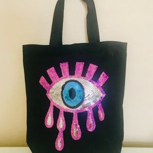 Sequins evil eye on canvas tote